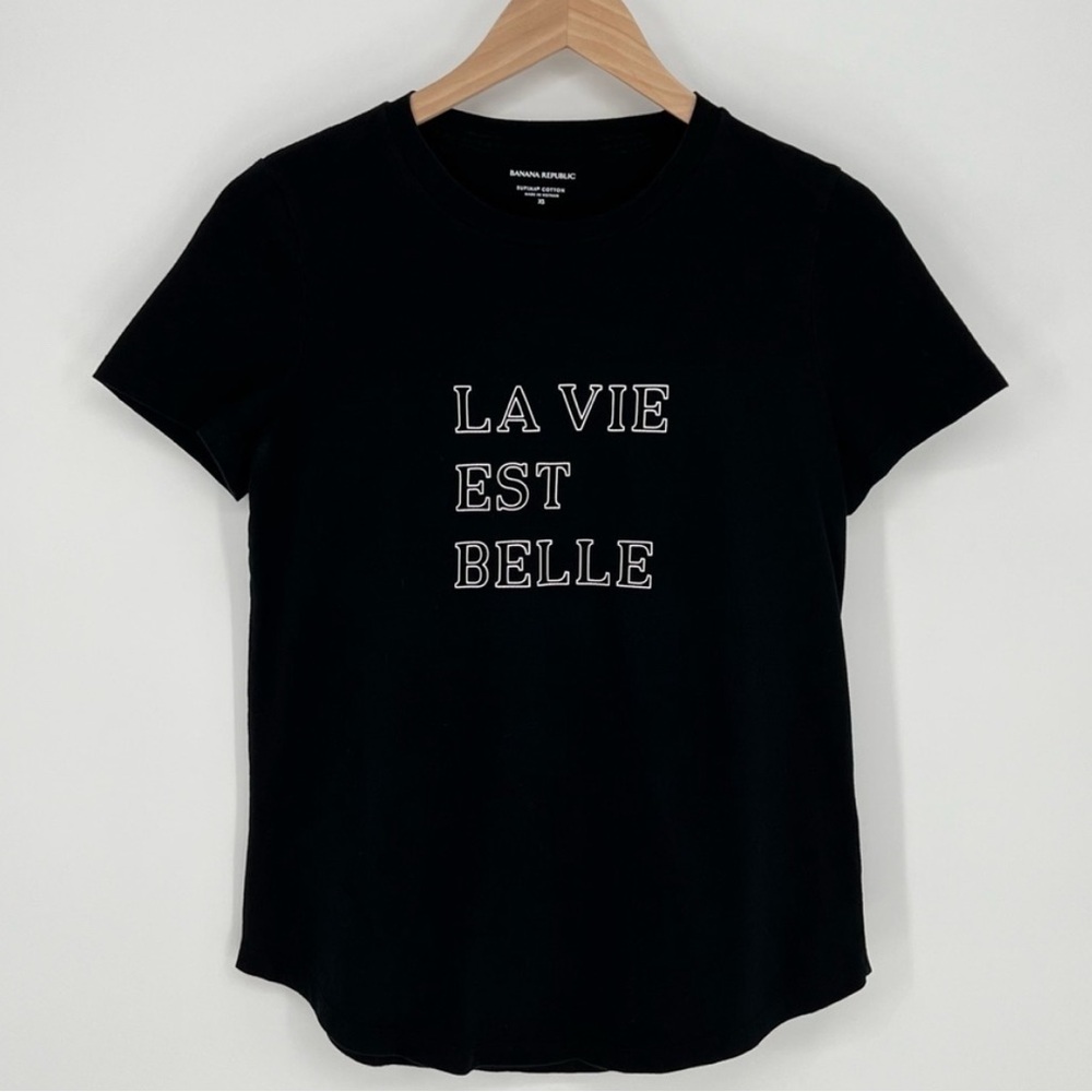 Banana Republic La Vie Est Belle T-Shirt Womens Size S Black Crew Supima Cotton